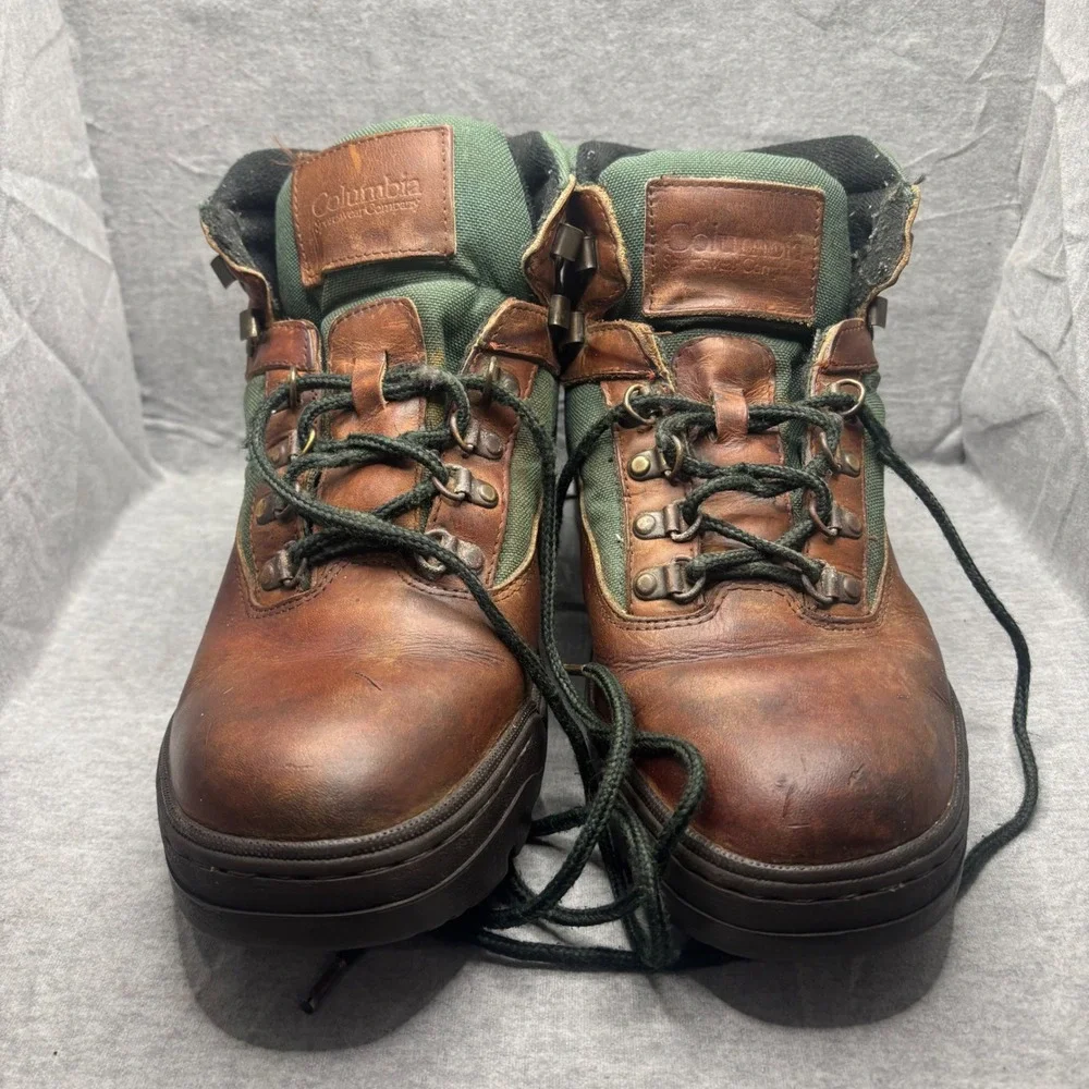 Columbia Trail Meister Tobacco Brown Green Leather Canvas Hiking Boots Mens 11.5